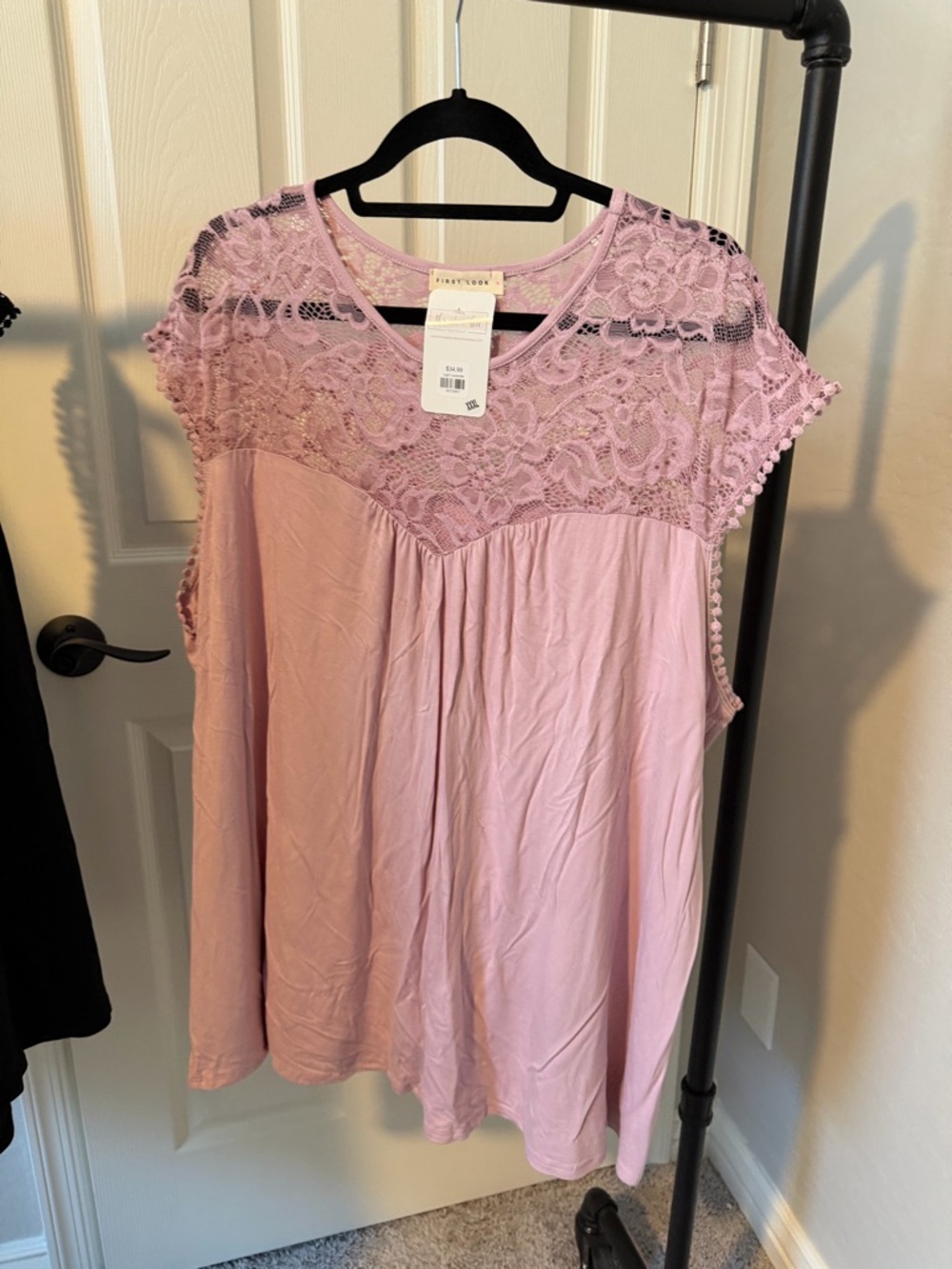 First Looks Pink Lace Yoke Short Sleeve Blouse